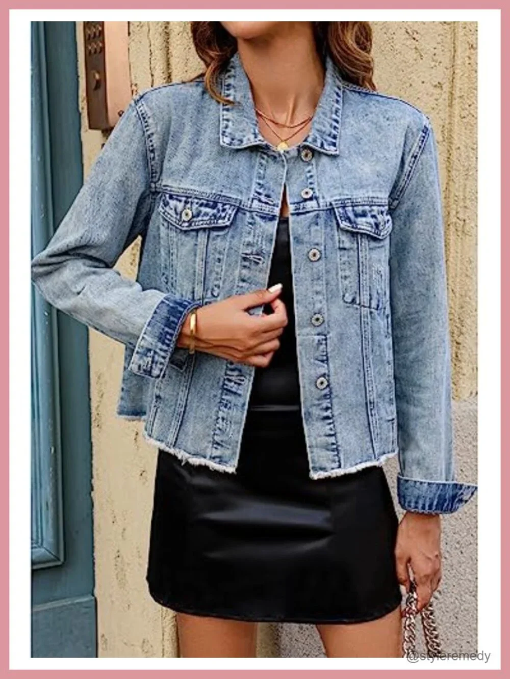 Women's Distressed Denim Jacket Button Up Vintage Western Trucker Frayed Hem